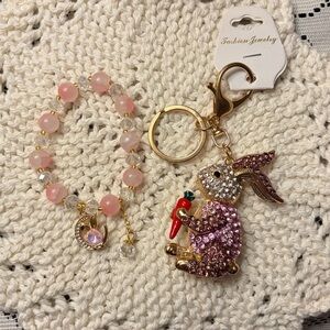Pink Bling Bunny Keychain Bag Charm and Bunny Glass Beaded Bracelet Set NWT